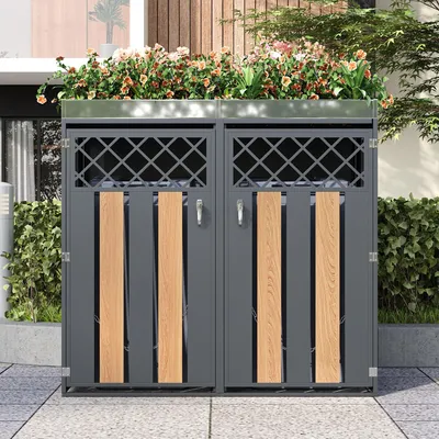 Productafbeelding van Containerberging met plantenbak, afsluitbare dubbele deuren, ruitvormige ventilatie en houtlook, van verzinkt staal, houtnerf en grijs