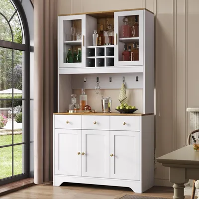 Produktbild von Sideboard, Hochschrank in weißer Holzmaserung, 94,5 x 30 x 175,5 cm, mit 5 Türen, 3 Schubladen, für Wohn- und Esszimmer