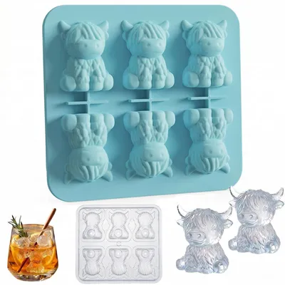 Eiswürfelform Highland Cow, 3D-Silikon, 6 Fächer, blau