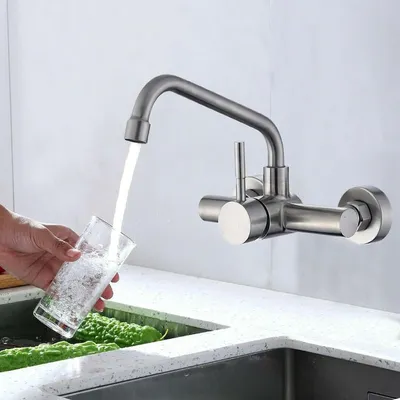 Productafbeelding van Keukenmeng kraan wandmontage, RVS, 360° draaibaar, koud en warm water, voor keuken, 15 cm