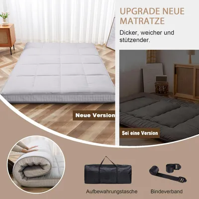 Produktbild von Meulbaty Japanische Futon-Matratze, 5-lagig, rückenschonend, mit Randnähten & Quadratsteppung, faltbar mit Gurten & Tasche, als Bodenbett/Campingmatte