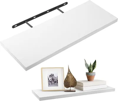 Produktbild von PolkaHome® Schwebendes Wandregal aus Holz, Weiß, 40 x 15 x 1,5 cm, Hochglanz, mit Metallhalterung, Belastbar bis 10 kg