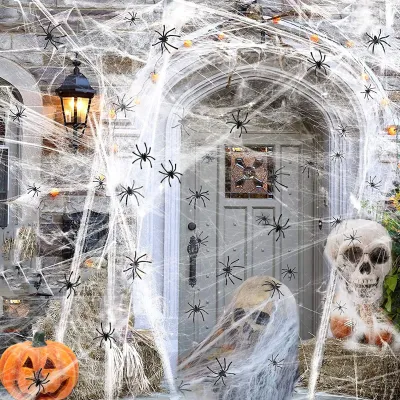 Halloween-Deko-Set: 200g Spinnennetz + 30 Spinnen