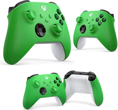 Multiple views of a green Xbox controller against a white background.