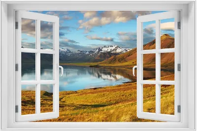 Produktbild von Wallario Wandbild mit Fenster-Illusion: Bergpanorama mit Spiegelung im See, Größe: 61 x 91,5 cm, Poster mit weißem Aluminiumrahmen