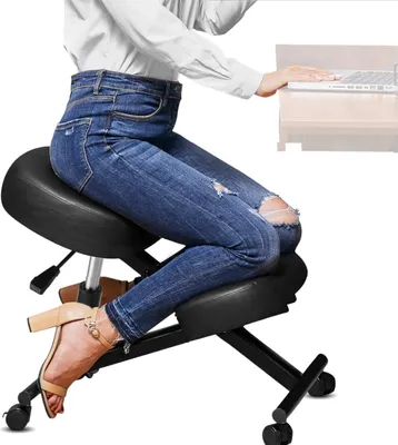 Produktbild von Kniehocker mit feststellbaren Rollen, Kniestuhl Gesundheitsstuhl, Ergonomischer Bürohocker mit Verstellhebel, höhenverstellbar, bequem gepolstert