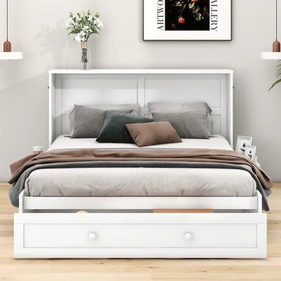 Produktbild von MODFU Holzbett Verwandelbare Plattformbett 140x200cm, Massivholzbett mit Regal und Schubladen, Mobiles Schrankbett, Weiß(Ohne Matratze)