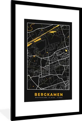 Produktbild von MuchoWow® Gerahmtes Poster Stadtplan - Karte - Bergkamen - Gold - Deutschland - Karte 60x90 cm - Poster mit Schwarzem Bilderrahmen Wandposter Rahmen Foto Bilder - Dekoration - Wandposter Wohnzimmer - Hochwertig
