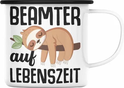 Produktbild von Trendation - Beamter Auf Lebenszeit Emaille Tasse Geschenk für Beamte Verbeamtet Lehrer Polizist Lustiger Spruch Faultier (Schwarz)