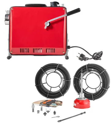 Obrázok produktu pre SucceBuy elektrický čistiaci stroj na potrubie, 500 W, 1400 otáčok za minútu, čistič odtokov s 2 káblami (20 m x 16 mm a 5 m x 9,5 mm), flexibilnou špirálou 0,4 m x 12 mm a 6 frézami, vhodný pre potrubia s priemerom 50–110 mm