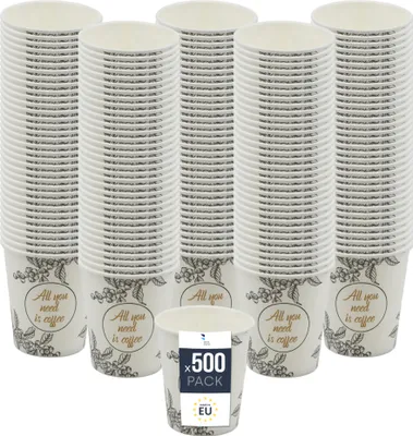 Produktbild von BenBow Kaffeebecher 250 ml x 500, Pappbecher zum Mitnehmen, Einwegbecher für Unterwegs, All You Need Is Coffee, Kaffee Becher für Büro und Kaffeemaschinen, Robust und Praktisch