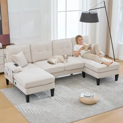 Obrázek produktu pro U-tvarová pohovka pro čtyři osoby potažená lněnou tkaninou, rozměry 250x130x88 cm, s dvěma odpočívadly, USB porty a porty typu C, barva béžová, vhodná do obývacího pokoje