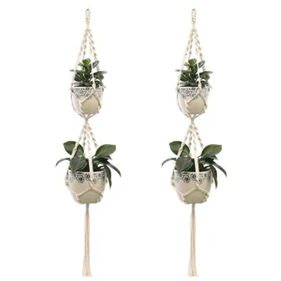 Produktbild von 2er Set Makramee Blumenampel Baumwollseil Hängeampel Blumentopf Pflanzen Halter Aufhänger für Innen Außen Decken - 140cm