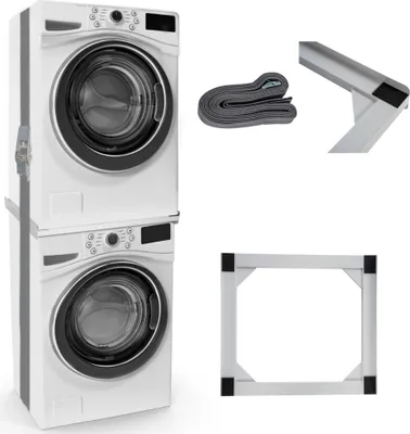 A collage of images showing a stacked washer and dryer, a strap, and a support frame for appliances.