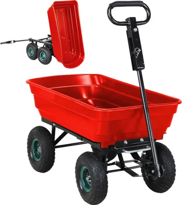 Produktbild von Miweba Bollerwagen Dumper - Mit Kippfunktion - Handkarre - Schubwagen - Transport - Anti-Rutsch - Kippverriegelung - Luftreifen - Bis 300 kg (Rot)