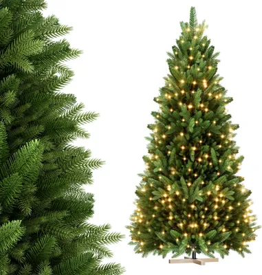 Zdjęcie produktu dla TRMLBE Choinka Sztuczna 180cm 300LEDs Jodła Zielona PVC+PE Szybki montaż Dekoracja świąteczna Choinka dekoracyjna z drewnianym stojakiem na choinkę, do wnętrz i na zewnątrz