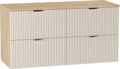 A front view of a white and wood cabinet with gold handles.