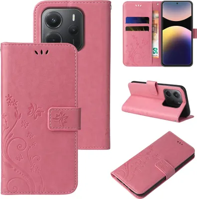 Produktbild von Handyhülle für Xiaomi Redmi Note 14 Floral Blumen Schmetterling Flip Cover Hülle Case Klapphülle Handytasche Farbe: Rosegold