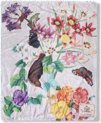 Produktbild von Happiness Wohndecke mit Pompoms und Blumen - 130x160 cm - 100% Polyvelvet