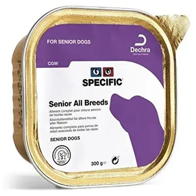 Imagen del producto de Alimento específico para perros senior, apto para todas las razas, marca CGW, formato caja de 6 unidades de 300 gramos