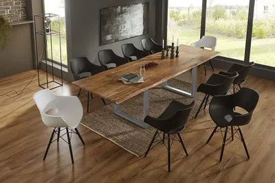 Produktbild von Esstisch Baumkante Akazie natur 180(280)x90 Ansteckplatten silber ADINA