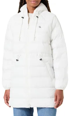 Produktbild von Calvin Klein Damen Daunenmantel Lightweight Logo Mid Length mit Kapuze, Weiß (Sn