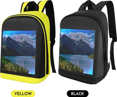 Two backpacks, one yellow and one black, are displayed side-by-side against a white background. Both backpacks feature a digital LED screen displaying a landscape image.