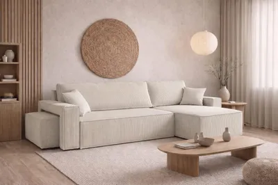 Image de Canapé d'angle  avec fonction couchage et pouf, velours côtelé Poso, beige, version droite, mod?le BEST L avec pouf