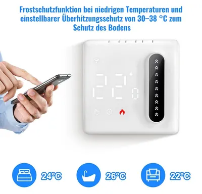 Zdjęcie produktu dla Termostat pokojowy Wi-Fi, cyfrowy regulator temperatury, do ogrzewania podłogowego, wyświetlacz LCD, dotykowy, montaż natynkowy, programowalny, z czujnikiem podłogowym i czujnikiem pokojowym, model 173, z Wi-Fi