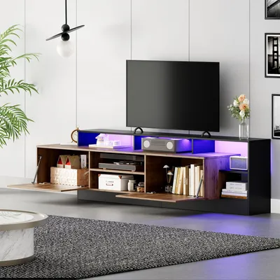 Image de MODFU Meuble TV Design Contemporain avec LED Multicolore - Banc TV 2 Portes, 190x40x48,5 cm, Bois et Noir