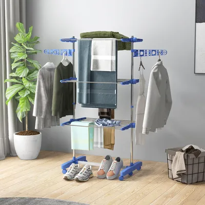 Produktbild von SUGIFT Standtrockner mit Sockenclips, Wäscheständer 4 Ebenen klappbar auf Rollen, Edelstahl, Blau | rostfrei | 6 Rollen | 142 x 55 x 152 cm