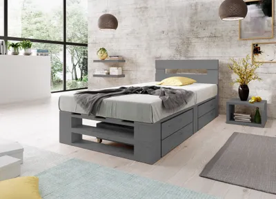 A modern bedroom with a grey wooden bed frame, a mattress, and bedding. The room has a large window with a view of trees, and decorative shelves on the wall.