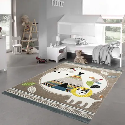 Zdjęcie produktu dla Dywanik do pokoju dziecięcego mata do zabawy namiot lew zebra kaktus beżowy niebieski kremowy brązowy rozmiar - 200 x 290 cm