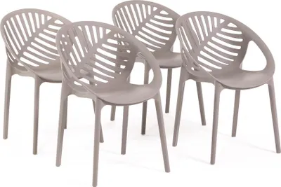 Image de lot de 4 chaises empilables en résine renforcée de fibre de verre pour l'extérieur, le jardin, les bars et les restaurants - design moderne inspiré des feuilles - VIVIAN - Gris pigeon
