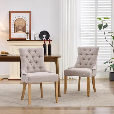 Zdjęcie produktu dla Krzesło tapicerowane do jadalni, obite tkaniną, z ozdobnymi nitami, nowoczesne, wymiary: 57 x 63 x 92 cm, kolor beżowy