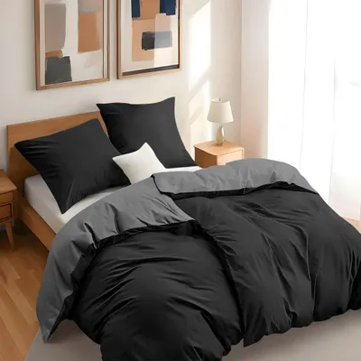 Image de TRANKIELO® - Housse de couette 2 pièces, 135x200 cm, avec 2 taies d'oreiller 80x80 cm - Noir/gris foncé - 100% microfibre - Oeko-Tex