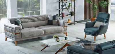 Image de Ensemble de canapé 3+1 places textile bois Canapé 3 places moderne Fauteuil Set complet