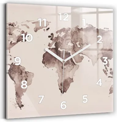Produktbild von Wallfluent Wanduhr – Stilles Quarzuhrwerk - Uhr Dekoration Wohnzimmer Schlafzimmer Küche - Zifferblatt - weiße Zeiger - 30x30 cm - Aquarellkarte der Welt