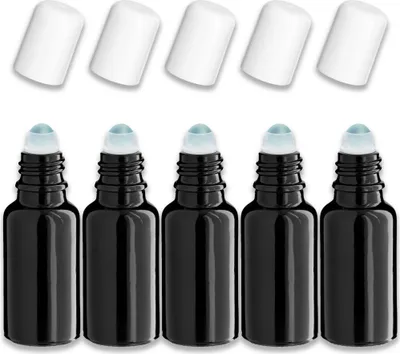 Produktbild von 5x Glasflasche schwarz 20 ml Roll-on mit weißem Verschluss leer Set