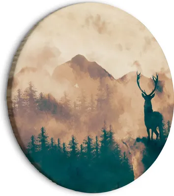 Produktbild von Runde Bilder 80x80 cm Hirsch Leinwandbild 1 tlg Kunstdruck modern Wandbilder XXL Wanddekoration Design Wand Bild Landschaft Gebirge Wald Panorama Nebel Tiere wie gemalt c-A-10047-bc-a