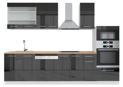 Image de Cuisine Vicco Fame-Line Anthracite brillant/blanc 300cm avec armoire haute, PT Chêne, Model 42552