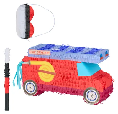Obrázek produktu pro Sada piňaty Relaxdays, 3dílná, hasičské auto, k zavěšení, pro děti, holčičky i kluky, s tyčí a maskou, neplněná, červená