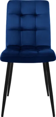 A dark blue velvet dining chair with tufted backrest and black metal legs, shown from the front on a white background.