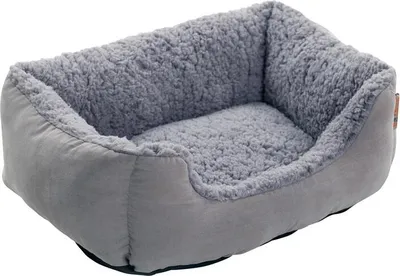 A gray pet bed with a plush interior.