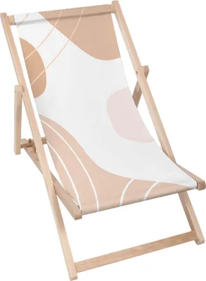 A wooden deck chair with a beige and white abstract pattern.