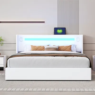 Produktbild von MODFU Boxspringbett Hydraulisches 160 x 200 cm mit LED-Beleuchtung, Bluetooth-Player und USB-Aufladung, Polsterbett Doppelbett Stauraumbett mit Bettkasten Stauraum, PolyurethanWeiß(Ohne Matratze)