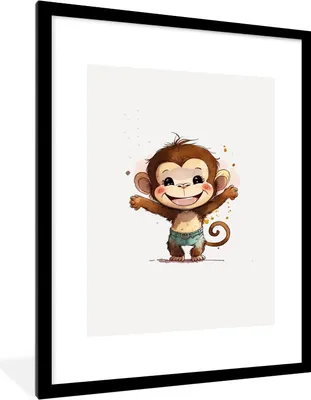 Produktbild von MuchoWow® Gerahmtes Poster Affe - Braun - Aquarell - Tiere - Mädchen - Jungen 60x80 cm - Poster mit Schwarzem Bilderrahmen Wandposter Rahmen Foto Bilder - Wohnzimmer - Dekorationen - Prämie