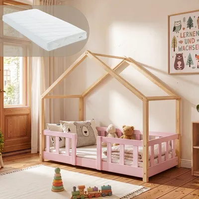 Produktbild von Kinderbett 'Treviolo' mit Matratze und Rausfallschutz 70x140cm Rosa / Natur