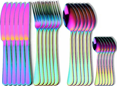 Produktbild von 16-teiliges Edelstahl-Besteckset mit Messer, Gabel und Löffel, Regenbogenfarben