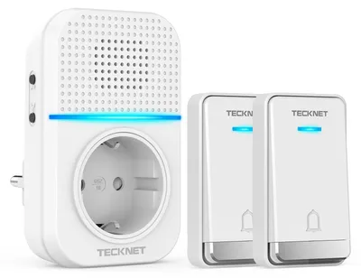 Produktbild von TECKNET Funkklingel Batterielose, Funkklingel mit Steckdose, Funk Türklingel mit 2 Sender, IP65 Funkklingel aussen Wasserdicht, 400m, 60 Melodien, 5 Stufen Volumen, LED-Blinken – für Haus & Büro